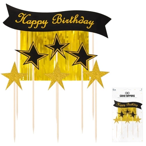 Topper ozdoby na tort napis Happy Birthday gwiazdki dekoracje urodzinowe zestaw 7 sztuk